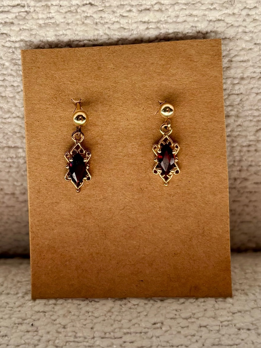 Gold-tone Drop Earrings with Deep Red Marquise Stone